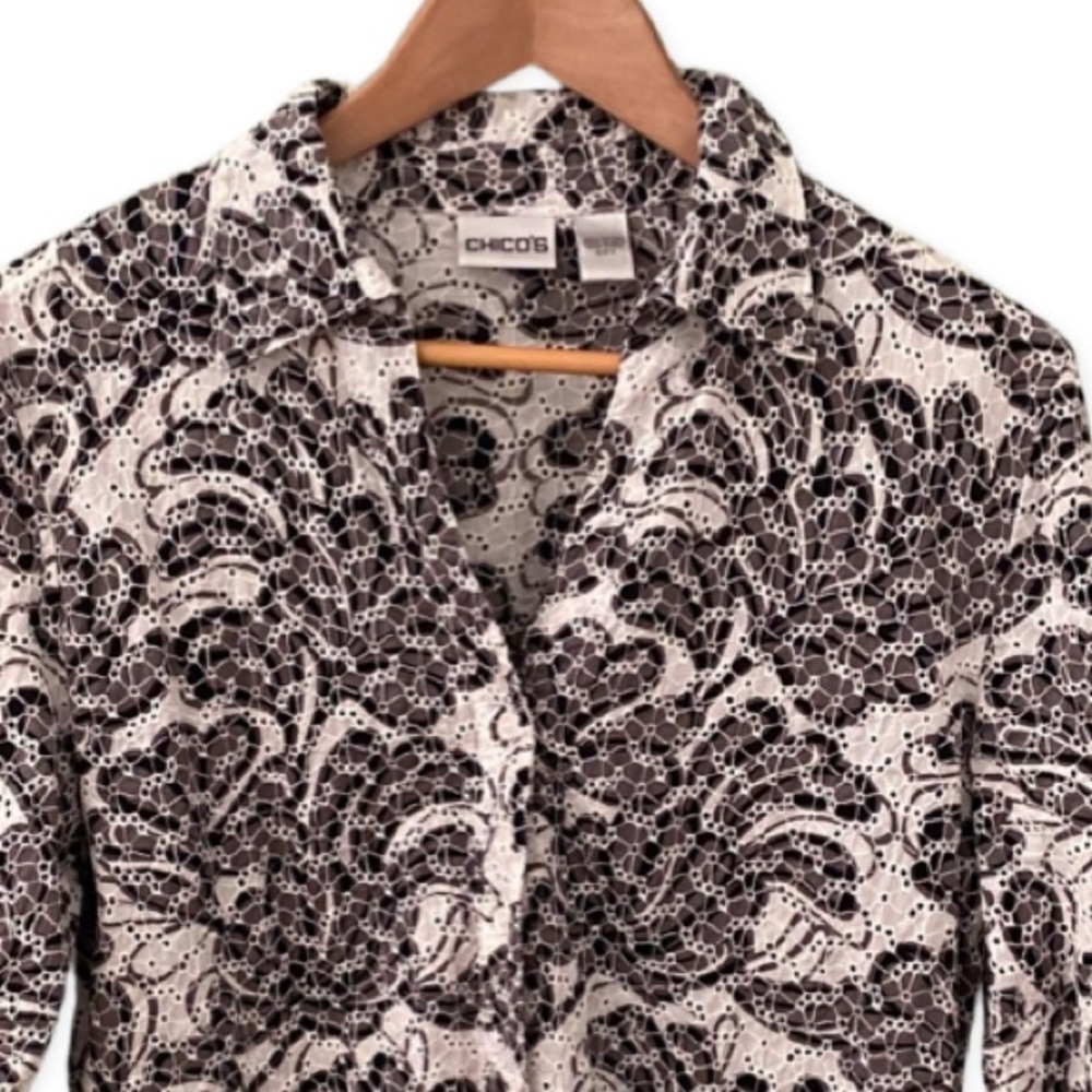 Chico's Eyelet Long Sleeve Floral Embroidered Button Down Blouse Sz. 2 (12/14-L) - Picture 5 of 6